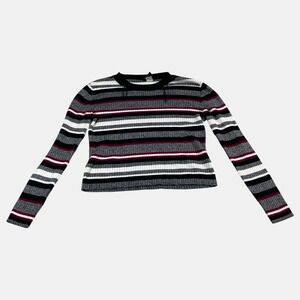 H&M Divided Gray Multi Striped Ribbed Mock Neck Fine Knit Top Womens Size Medium